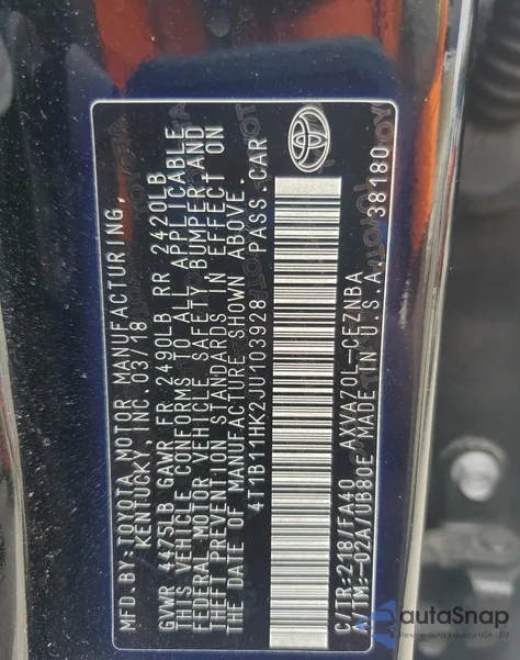 2018 Toyota Camry L z USA, uszkodzony, nr VIN 4T1B11HK2JU103928